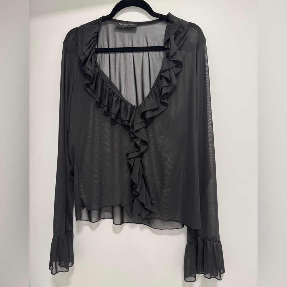 PrettyLittleThing Sheer Black Ruffle Blouse